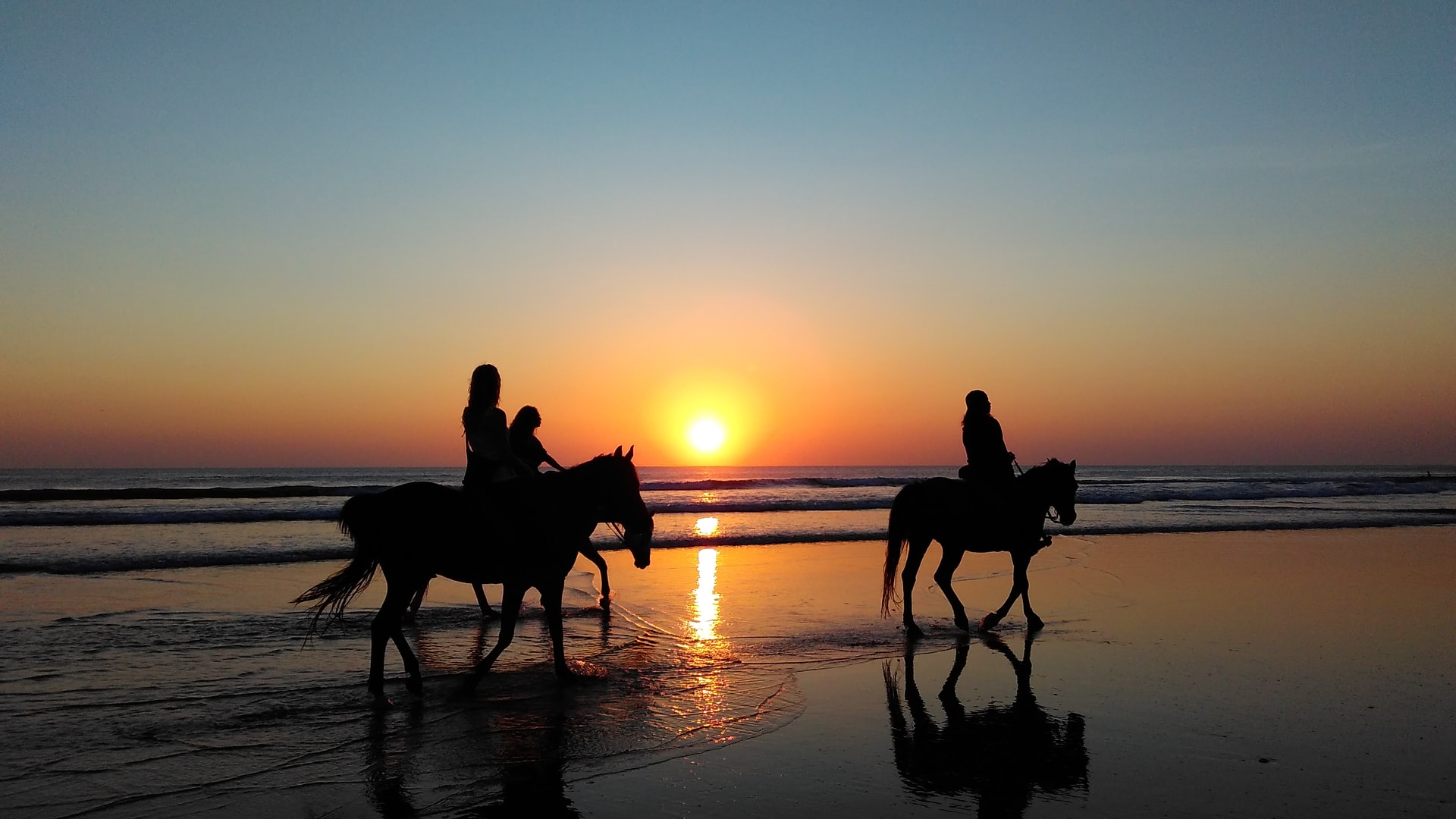 People horse riding along the beach at sunset