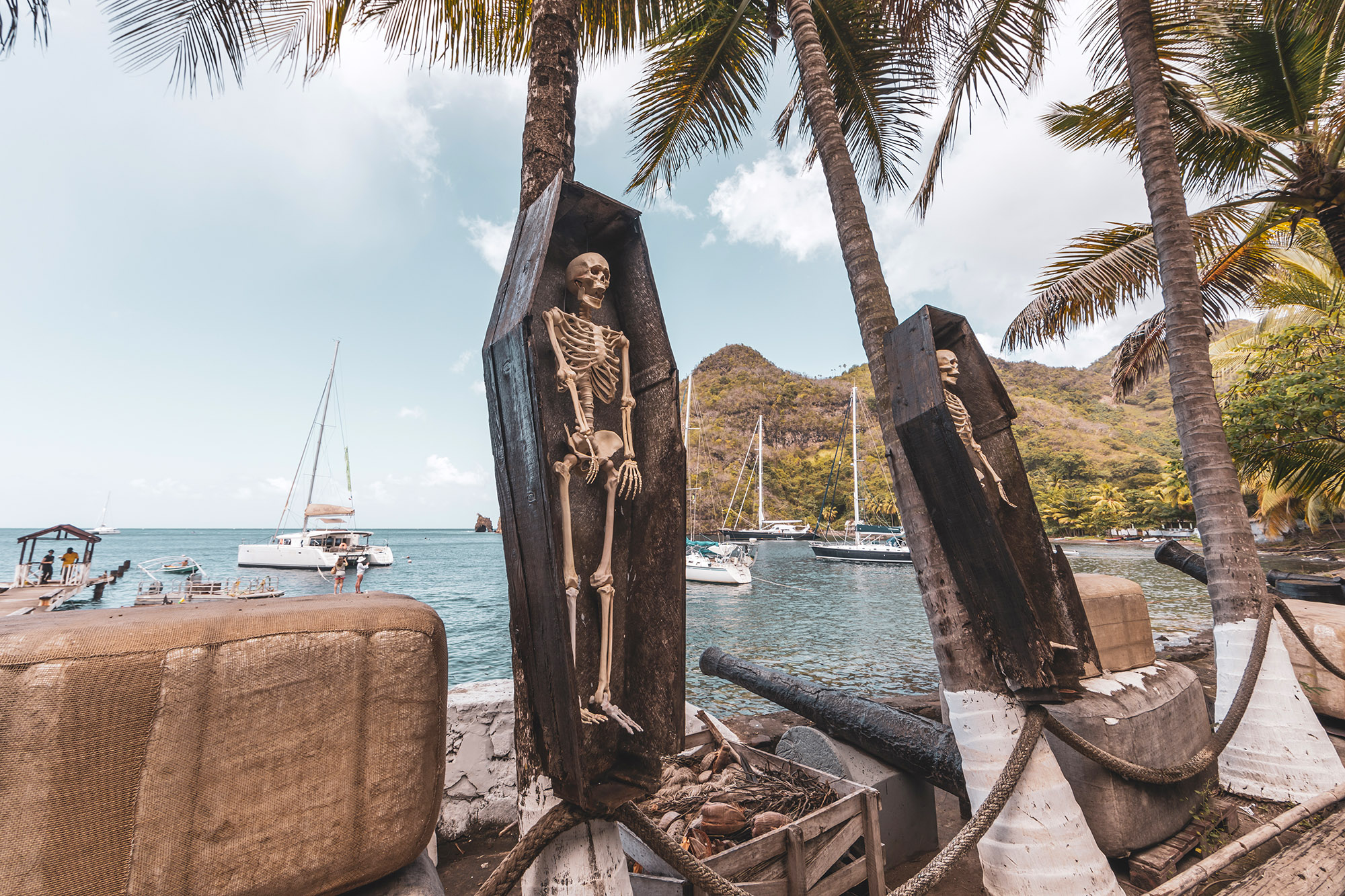 Skeletons in coffins on a Caribbean beach next to palm trees