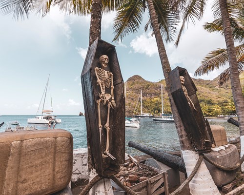 Skeletons in coffins on a Caribbean beach next to palm trees