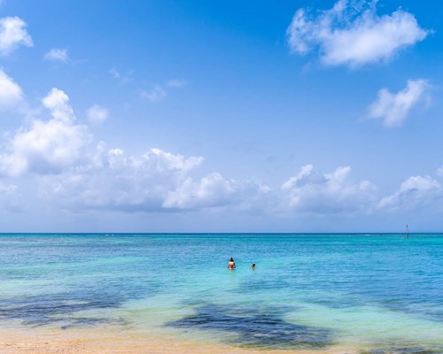 Two people in clear blue tropical sea next to white sand beach