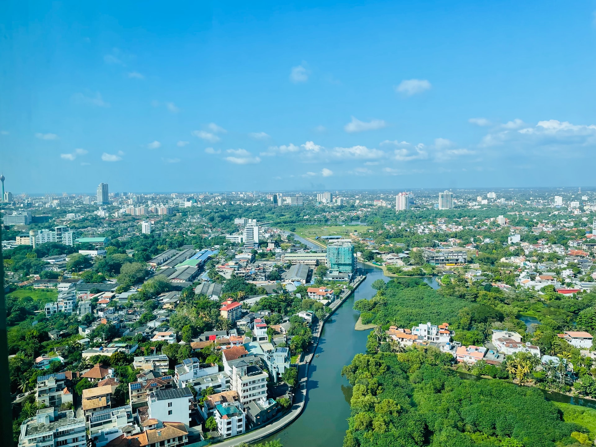 Aerial view of a city with a river running through the middle 