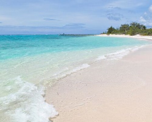 Turquoise waters crashing on white sand with trees in distance - Seven Mile Beach