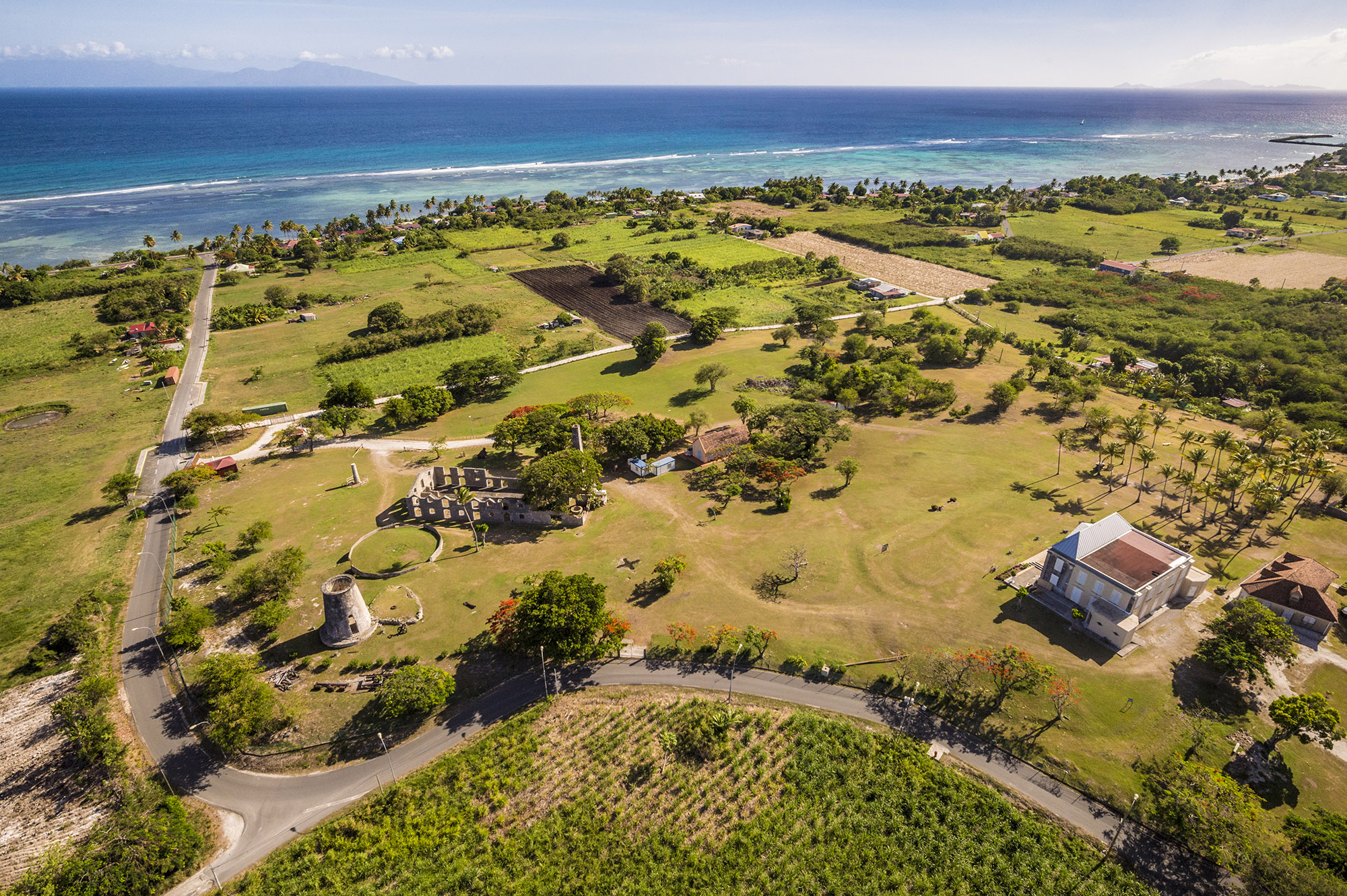 Aerial view of plantations and green space in a tropical country