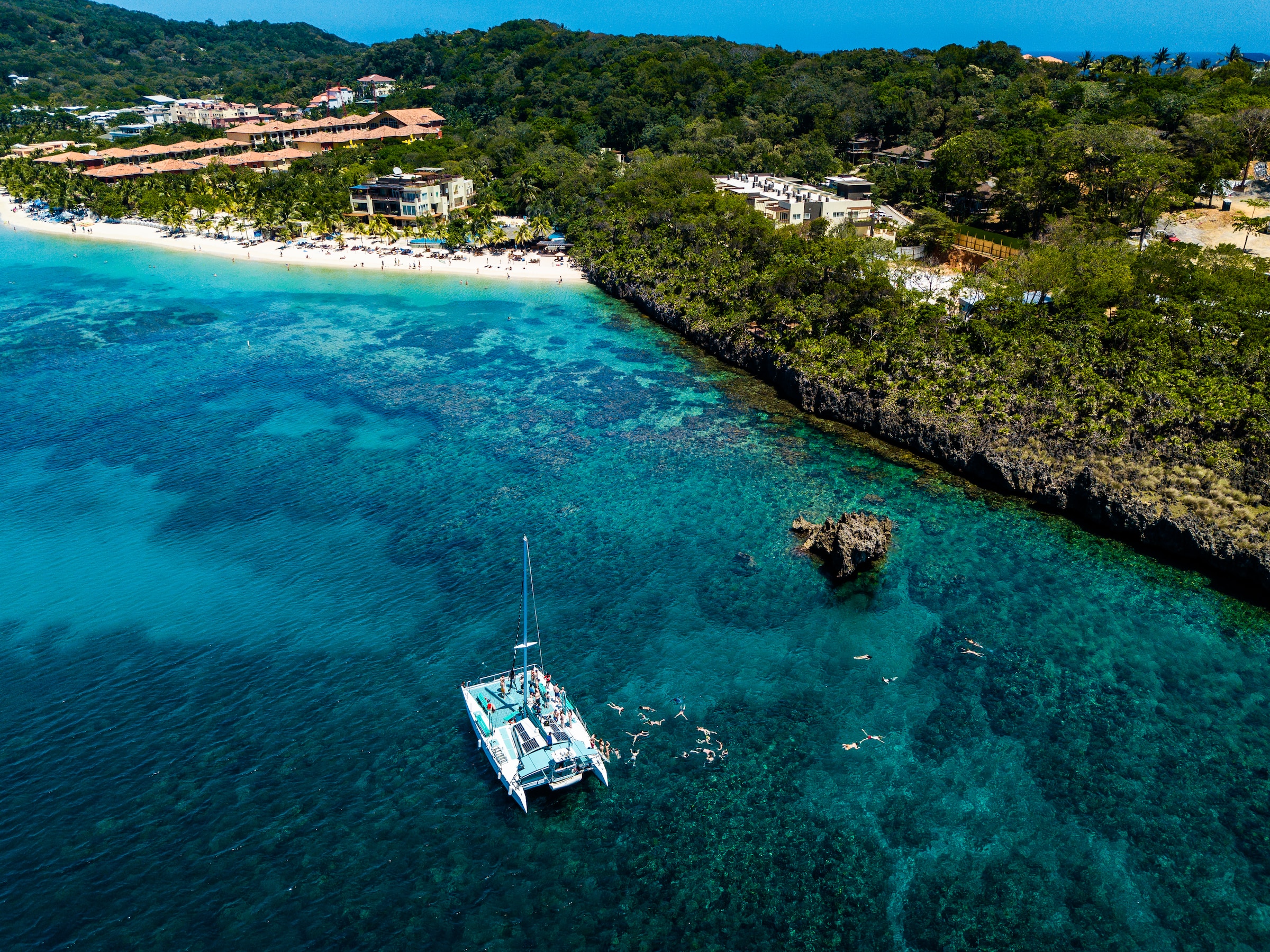 Yacht sailing on the sea with lush vegetation