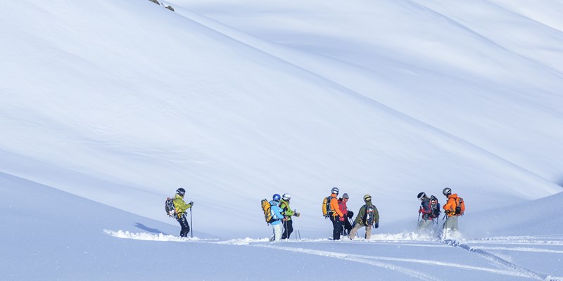 group of skiers & snowboarders in deep powder skiing off piste