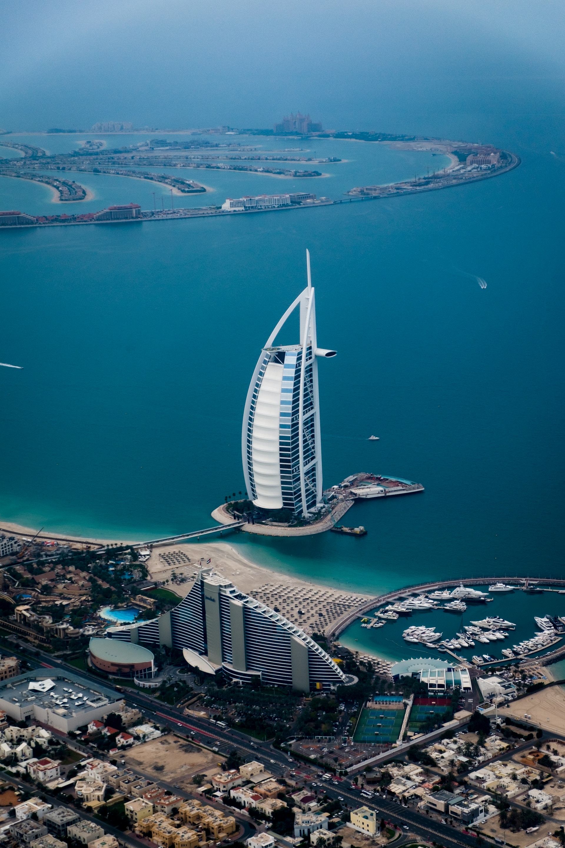 Aerial view of the Burj Al Arab and the sea