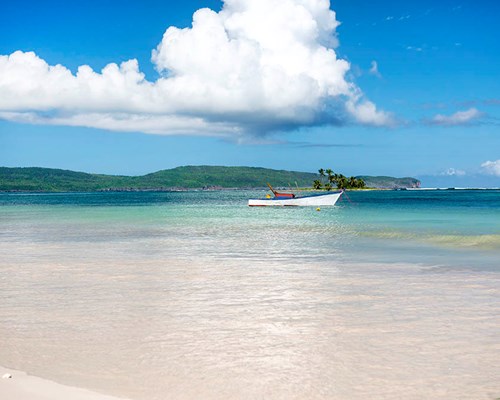 Small, white boat docked up in the bay of a tropical beach