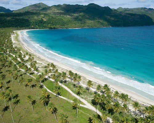Aerial view of a white-sand stretch of beach backed by a forest of palm trees and green hills