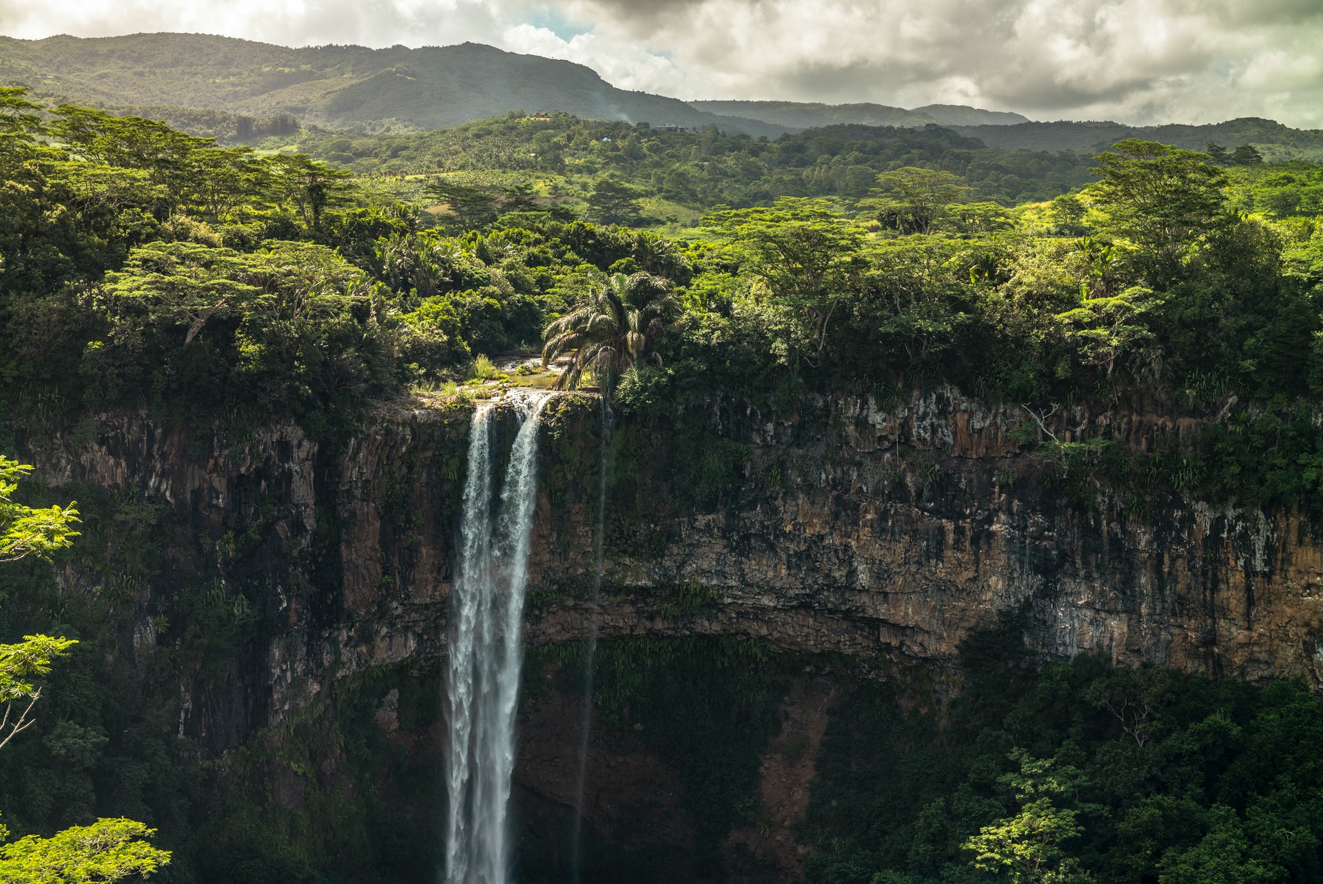 Waterfall flowing down from a cliff at the edge of a rainforest