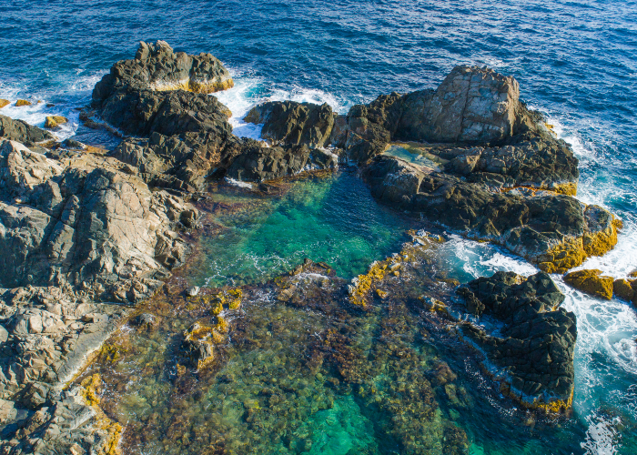 Shallow green pool of water on large rocks by the sea