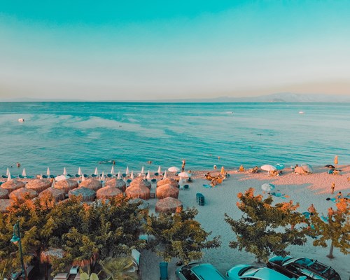 A turquoise beach at golden hour